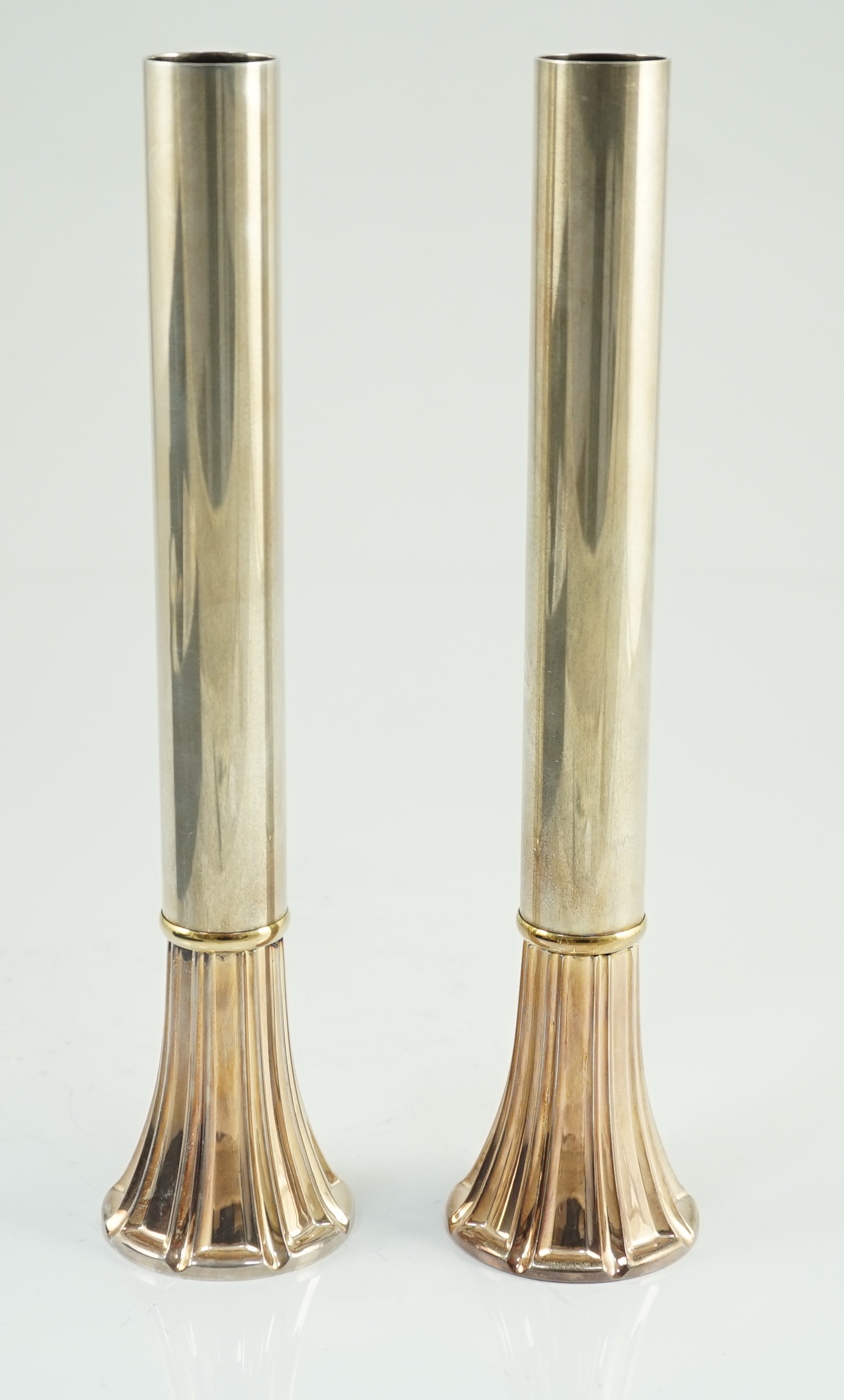 A modern pair of French parcel gilt 925 silver cylindrical flower holders, by Tabbah, Paris